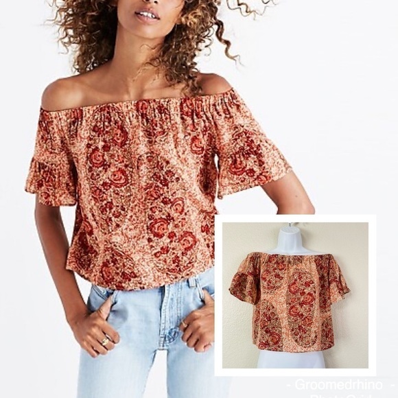 Madewell Silk Off The Shoulder Top In Watercolor Paisley Size XXS - Picture 1 of 9